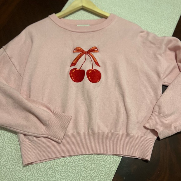 Faded Rose Pink Cherry Embroidered Cropped Sweater Coquette Y2K Soft Girl Size M - Picture 2 of 11